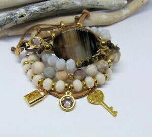 yzANZT[@lbNX@ZbguXbgs[XuES[hx[WXtXL[NX^{w~Aset bracciale perle 6 pezzi marrone beige oro agata swarovski cristallo bohe