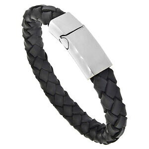 yzANZT[@lbNX@uXbgXeX11 mm nero intreccio pelle bracciale w acciaio inox magnetica chiusura