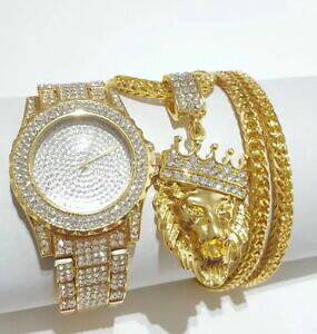 yzANZT[@lbNX@qbvzbvCIlbNXR{Zbguomo iced out hip hop orologio amp; lion collana combo set