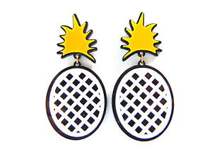 �y���������z�A�N�Z�T���[�@�l�b�N���X�@�C�������O�s���S�[���h�p�C�i�b�v���u���b�N�C�G���[orecchini a perno placcati oro con ananas nero, giallo amp; bianco, di ctia levy