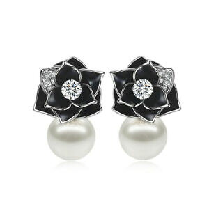 �y���������z�A�N�Z�T���[�@�l�b�N���X�@�m���[���t�B��boucles doreilles argent fleur camlia noir perle plaqu or cz fin g3 88