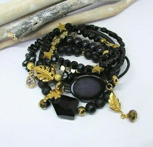 yzANZT[@lbNX@JtSXLAK^S[h{w~AWNVp[cZbgbracciale set perle gomma pelle agata 7 parti in nero oro bohemian svincolo a quadrifoglio