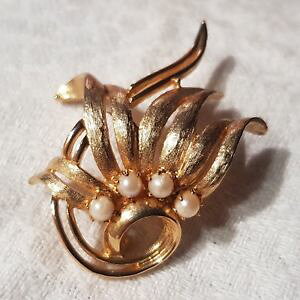 �y���������z�A�N�Z�T���[�@�l�b�N���X�@�r���e�[�W�u���b�N�Xbijou vintage broche fleur sign brooks mtal dor textur perle en verre t6