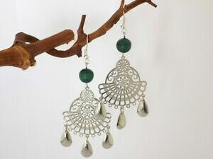�y���������z�A�N�Z�T���[�@�l�b�N���X�@�}���J�C�gboucles argentes ventail 3 gouttes perle malachite verte
