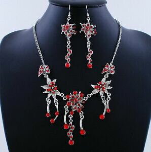 yzANZT[@lbNX@RA[COlbNXCXg[Zbgset collier e orecchini collana di strass fiori costume rosso 17r nuovo