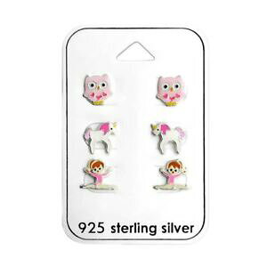 yzANZT[@lbNX@tNEjR[CO[uZbgbambini argento sterling gufo,ginnasta e unicorno orecchini a lobo set