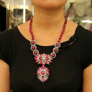 �y���������z�A�N�Z�T���[�@�l�b�N���X�@�R���A�[�O�����C�����[�Y�I���W�i��collier mi long gros pendantif tissu fait main artisanal rose vif original srk2