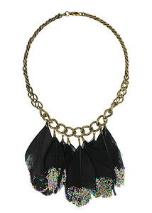 �y���������z�A�N�Z�T���[�@�l�b�N���X�@�`�F�[���t�����W�G�X�j�b�N�i�b�p���U�[�J���[�l�b�N���Xtopshop nero glitter piuma sulla catena frangia nappa etnico collare collana nuovo