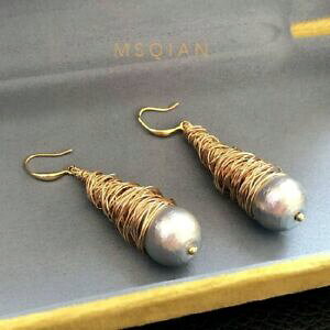 �y���������z�A�N�Z�T���[�@�l�b�N���X�@�����O�O���}����boucles doreilles long gros perle culture marron ficel artisan plaqu or msq1