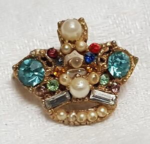 �y���������z�A�N�Z�T���[�@�l�b�N���X�@�N���E��ancien bijou broche couronne crown cristaux perles en verre mtal dor a