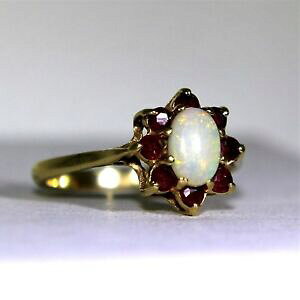 �y���������z�l�b�N���X�@k�S�[���h�I�p�[�����r�[�N���X�^�����O�T�C�Y9ct 9k gold natural opal ruby cluster ring size 7 14 o