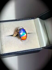 �y���������z�l�b�N���X�@�C�G���[�S�[���h�T�C�Ylarge 14 x 10mm ammolite yellow gold size j certified exquisite colours bnwt