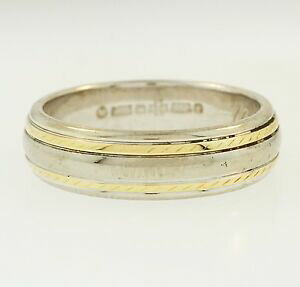 �y���������z�l�b�N���X�@�C�G���[�z���C�g�S�[���h�p�^�[���T�C�Y18ct yellow amp; white gold ridged patterned d shaped wedding ring size m