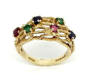 yzlbNX@\bhS[hOre[WA[gr[Tt@CAGhTCYsolid gold 9ct bark effect ring vintage artsamp;crafts ruby sapphire emerald size m