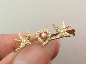 yzlbNX@rNgA_uV[hp[u[`exceptional victorian red enammeled heart double swallow seed pearl brooch boxed