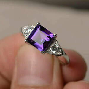 �y���������z�l�b�N���X�@�J�b�g�A���W�X�gk�z���C�g�S�[���h2ct asscher cut purple amethyst trilogy engagement ring 18k white gold over