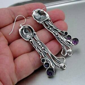 yzlbNX@n_fUCi[X^[OVo[AWXgCOnhChA[gOhadar designers sterling silver genuine amethyst earrings handmade art long h