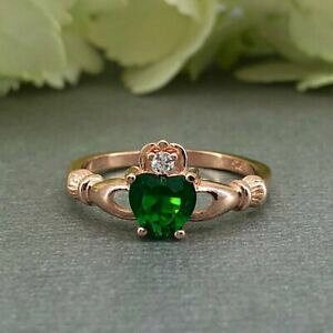 �y���������z�l�b�N���X�@1ct�J�b�g�O���[���G�������hcladdagh14ct1ct heart cut green emerald claddagh design engagement ring 14ct rose gold over