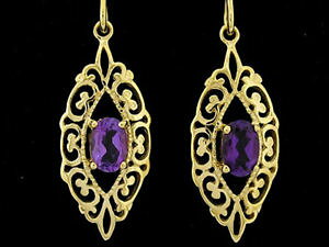 �y���������z�l�b�N���X�@�C�G���[�S�[���h�A���W�X�g�h���b�v�C�������Oe087 ornate genuine 9ct yellow gold natural amethyst filigree drop earrings