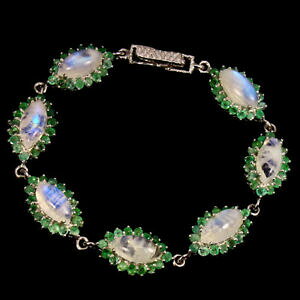 yzlbNX@X^[OVo[[Xg[GhuXbgC`sterling silver 925 genuine natural moonstone amp; emerald gemstone bracelet 7 inch