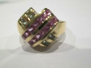 �y���������z�l�b�N���X�@�s���N�O���[���h���X�����O�S�[���hpink and green stones dress ring 9ct gold hallmarked