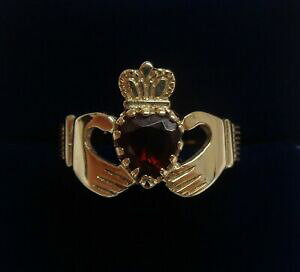�y���������z�l�b�N���X�@�C�G���[�S�[���h�K�[�l�b�g�b�h�N���_�����O�T�C�Yfine garnet claddagh ring in 9ct yellow gold size s us 9 30g