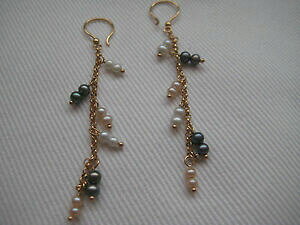 �y���������z�l�b�N���X�@9ct�C�F���[�S�[���h65mm�C�A�����O in9ct yellow gold pearl and coral and anthracite dangling at 65mm earrings in