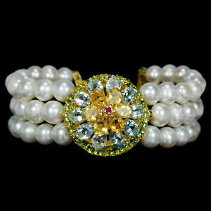 yzlbNX@Vggp[Yyhbgr[p[X^[OVo[t[uXbgreal citrine topaz peridot ruby amp; pearl sterling 925 silver flower bracelet 775