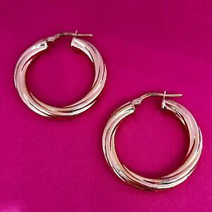 �y���������z�l�b�N���X�@�C�G���[�S�[���h�C�^���A�c�C�X�g�t�[�v�C�������O 9ct yellow gold twisted hoop earrings 375 made in italy 9k round circle