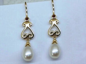 yzlbNX@\bhCG[S[hK[lbgp[XN[hbvCOe056 genuine 9ct solid yellow gold natural garnet amp; pearl scroll drop earrings