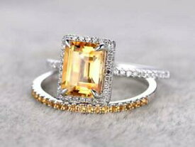 【送料無料】ネックレス　14kホワイトゴールド250ctエメラルドカットレモン250ct emeraldcut citrine bridal set engagement ring 14k white gold over