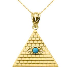 【送料無料】ネックレス　イエローゴールドエジプトターコイズペンダントピラミッドyellow gold egyptian pyramid with turquoise evil eye pendant
