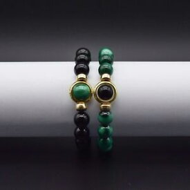 【送料無料】ネックレス　ブレスレットマラカイトオニキスゴールドビーズluxury couples his hers distance beaded bracelets malachite onyx 9ct gold