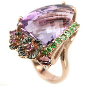 yzlbNX@AWXgK[lbgX^[OVo[t[Onatural amethyst rhodolite tsavorite garnet sterling 925 silver flower ring 675