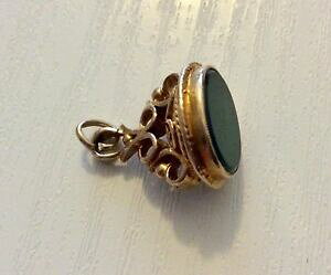 �y���������z�l�b�N���X�@�u�h�E9ct�X�g�[���V�[��beautiful early vintage fully hallmarked solid 9ct gold green stone seal fob