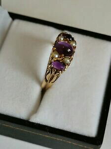 yzlbNX@J{Vp[vAWXgzCgV[hp[S[hCG[OJbgcabochon cut purple amethyst white seed pearl 9ct gold yellow ring scrollwork