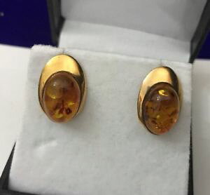 yzlbNX@Be[Whm9ct 9ctogsAXCOvintage hm hallmarked 9ct 9ct gold simple oval baltic honey amber stud earrings