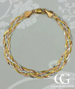 �y���������z�l�b�N���X�@9ct 36�w�����{��gift boxedfine 9ct three colour gold six plait herringbone bracelet gift boxed