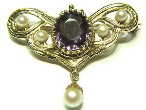 yzlbNX@CG[S[hAWXghbvo[u[`h9ct yellow gold amethyst and cultured pearl drop bar brooch, london 1973