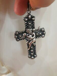 �y���������z�l�b�N���X�@�\���b�h�V���o�[�\���b�h�N���X�L���[�s�b�h�L���[�s�b�h�y���_���gsolid silver large solid 925 cross cupid putti angel cupid cherub ornate pendant