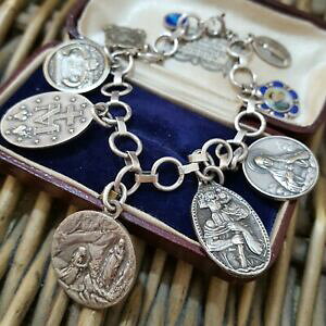 yzlbNX@re[WVo[uXbgVo[hvintage 925 silver bracelet, silver amp; metal religious charms, lourdes,tschudin