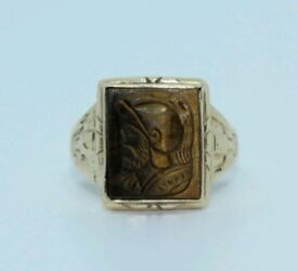 【送料無料】ネックレス　9ctイェローゴールド9ct yellow gold carved tiger eye signet ring