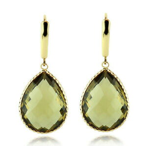 yzlbNX@14k yellow gold gemstone earrings with large pear shaped olive quartz