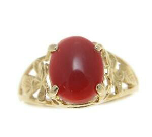 �y���������z�l�b�N���X�@genuine natural oval cabochon red coral ring hawaiianplumeria 14k yellow goldgenuine natural oval cabochon red coral ring