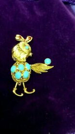 【送料無料】ネックレス　ビンテージゴールドブローチピンターコイズfab vintage 18k gold, novelty bird brooch pin decorated with turquoise stones