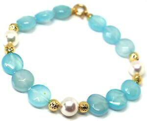 yzlbNX@uXbgCG[S[hqXCfBXN{[p^[bracelet yellow gold 18k 750, jade azure blue disc, pearls, balls pattern~