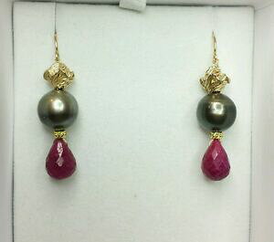 �y���������z�l�b�N���X�@�^�q�`�C�������O�\���b�hk�S�[���h�t�����[���r�[�h���b�v�i�Vtahitian pearl earrings solid 14k gold flower 4ct ruby tear drop pear briolette