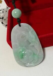 �y���������z�l�b�N���X�@�~�����}�[�y���_���g�O���[�hcertified genuine grade a green myanmar jadeite jade hand carved flower pendant