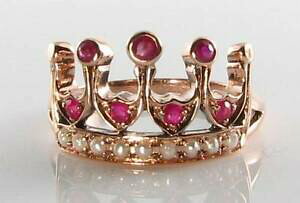 �y���������z�l�b�N���X�@���[�K�����[�Y�S�[���h�r���e�[�W���r�[�p�[���N���E�������O�t���[�T�C�Yregal 9k 9ct rose gold vintage insp aaa ruby amp; pearl crown ring free resize