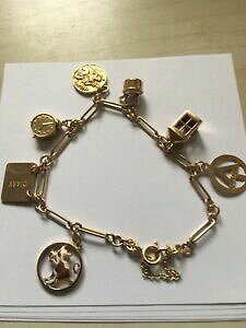 �y���������z�l�b�N���X�@���B���e�[�W�C�G���[�S�[���h�u���X���b�g�C���`vintage 9ct 375 yellow gold charm bracelet with 7 charms 8 inch 20cm